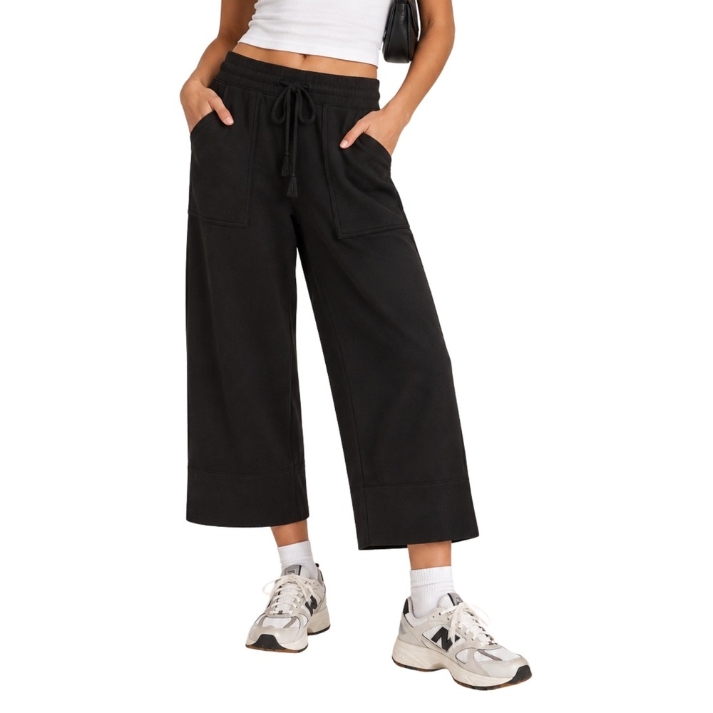 Quince Pants Womens Medium Black SuperSoft Fleece Cropped Wide Leg Wide Leg